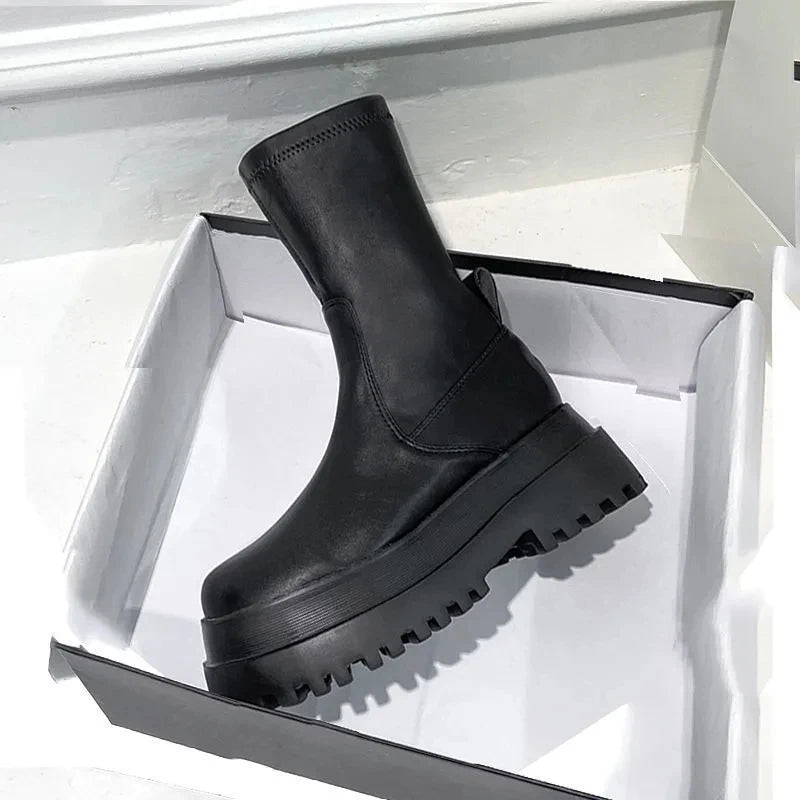 Ladies 2022 Women's Platform Chelsea  Black Mid Calf Boots Pipe Autumn Winter Flat Short Leather Rubber Comfortable