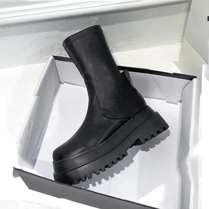 Ladies 2022 Women's Platform Chelsea  Black Mid Calf Boots Pipe Autumn Winter Flat Short Leather Rubber Comfortable