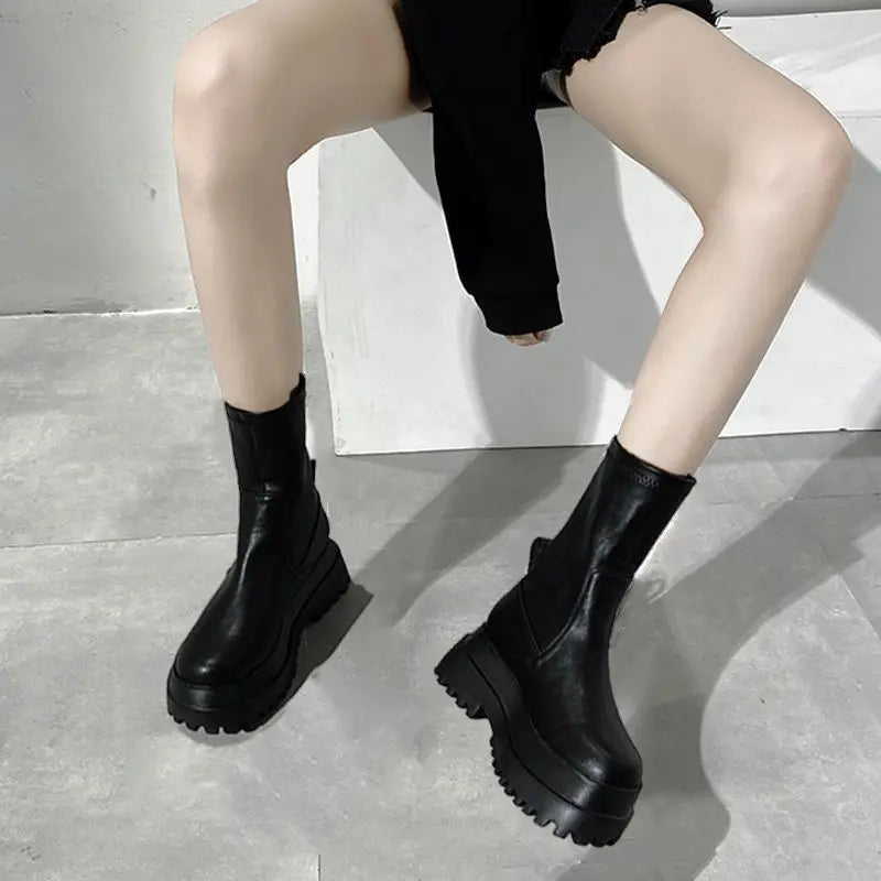 Ladies 2022 Women's Platform Chelsea  Black Mid Calf Boots Pipe Autumn Winter Flat Short Leather Rubber Comfortable