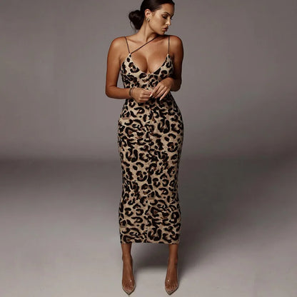 Robe midi sexy sans manches à col en V, imprimé léopard, mode femme, streetwear printemps, tenues de fête de Noël