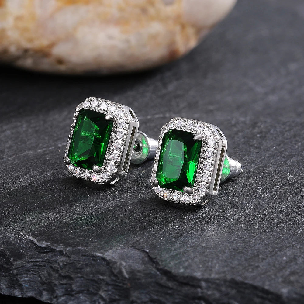 Huitan Rectangle/Square Green Cubic Zircon Stud Earrings Women Elegant Party Accessories Anniversary Gift Lady Timeless Earrings