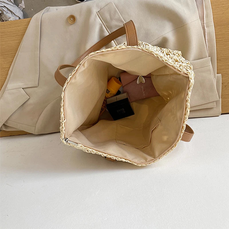 Sac de plage carré creux en paille tissé à la main Sac à bandoulière