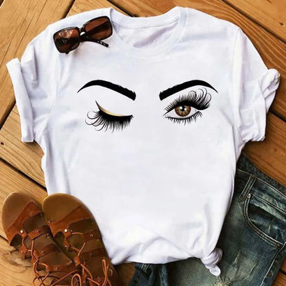 Maycaur Fashion Graphic Women Tops Eyelashes Print Kawaii Lashes Women T Shirt Tee Funny Makeup Aesthetic Shirt Camisas Mujer