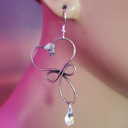 Boucles d'oreilles pendantes cœur en cuivre forgé main et cristal