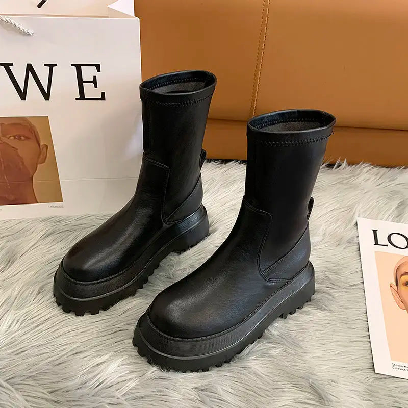 Ladies 2022 Women's Platform Chelsea  Black Mid Calf Boots Pipe Autumn Winter Flat Short Leather Rubber Comfortable