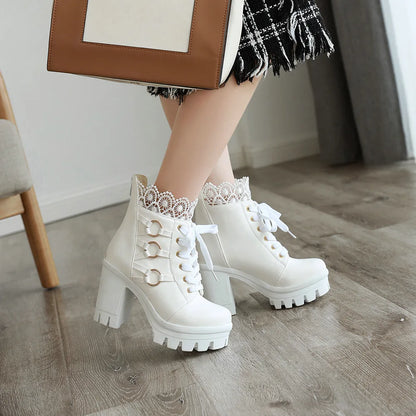 Women Chunky Platform Ankle Boots Lolita Super High Heel Lace Up Boots Sweet Lace Back Zipper Princess Cosplay Shoes Black White
