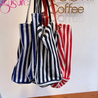 Striped Design Shoulder Bag Large Capacity Canvas Tote Bag