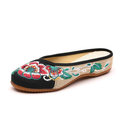 Veowalk – Pantoufles plates d'été en toile à bout fermé pour femme, style chinois, brodées, décontractées et confortables, mules noires et vertes