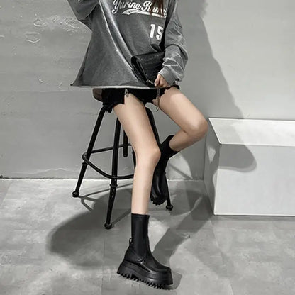 Ladies 2022 Women's Platform Chelsea  Black Mid Calf Boots Pipe Autumn Winter Flat Short Leather Rubber Comfortable