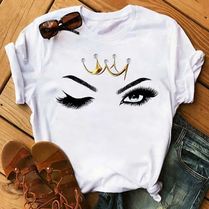 Maycaur Fashion Graphic Women Tops Eyelashes Print Kawaii Lashes Women T Shirt Tee Funny Makeup Aesthetic Shirt Camisas Mujer