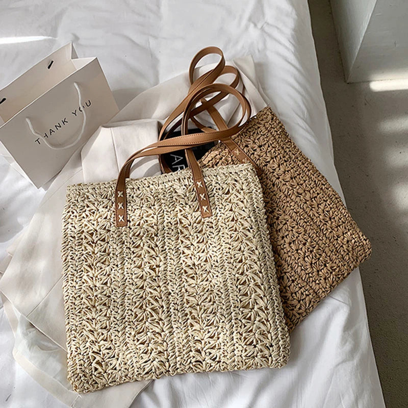 Sac de plage carré creux en paille tissé à la main Sac à bandoulière