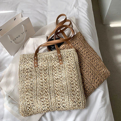 Square Hollow Straw Beach Bag Handmade Woven Shoulder Bag