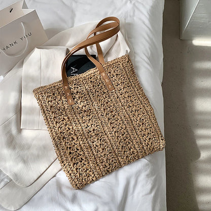 Square Hollow Straw Beach Bag Handmade Woven Shoulder Bag