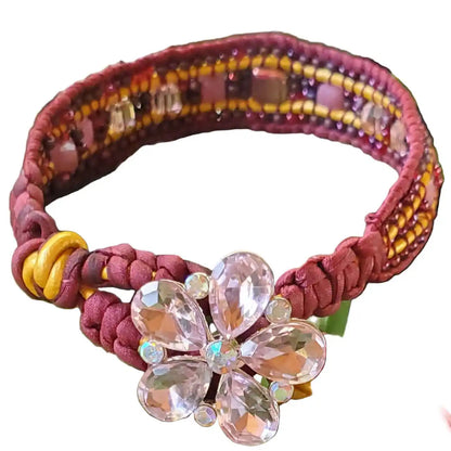 Bracelet complexe en soie et cuir tressé avec perles de cristal et pierres précieuses