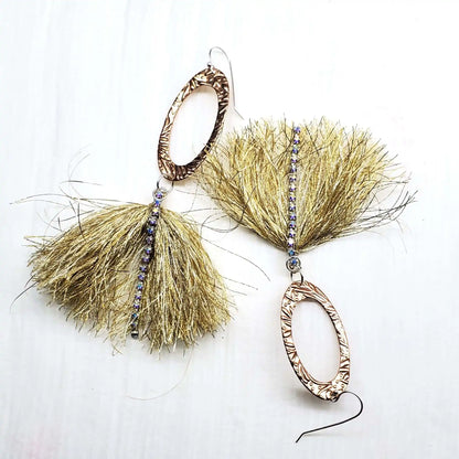 Long Copper Oval Embossed Metal Thread Tassel Earrings
