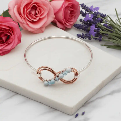 Bracelet jonc double infini en cuivre, argent et turquoise avec cristal