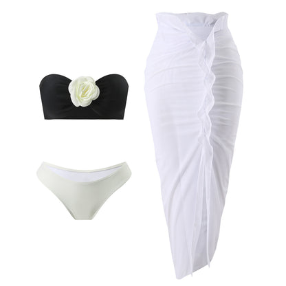 Maillot de bain bikini trois pièces sexy en maille longue jupe rose, nouvelle harmonie de couleurs européenne et américaine 2025