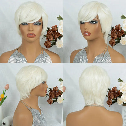 Human Hair Pixie Cut Wig Glueless Full Machine Made Short Straight Hair White Blond Color 100% Human Hair Wigs, 180% Density