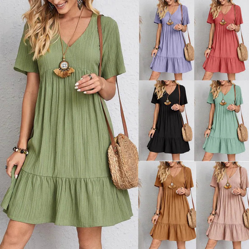 Robe plissée ample à col en V et manches courtes pour femme, Robe de soirée unie tendance été FYY-894