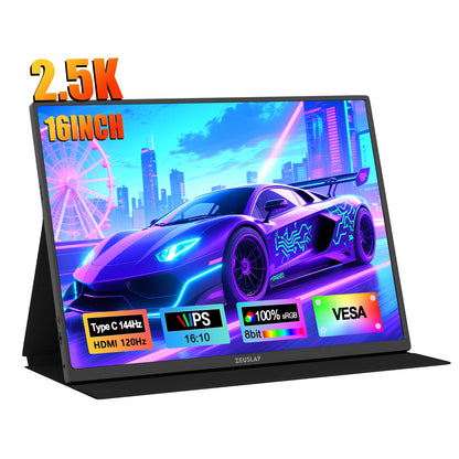 ZEUSLAP 16' 2.5K 144Hz Portable Monitor 2560*1600 16:10 100%sRGB 500Cd/m² Travel Gaming Display for Laptop Switch PS4 PS5 Xbox
