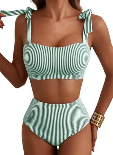 Women Two-piece Halter Vest Swimwear Sexy Striped Ruffle High Waisted Bikinis Set Female Bathing Suit Tie Strap Beachwear