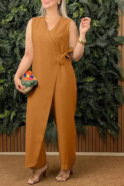 Combinaison décontractée femme Col en V sans manches Combinaison à lacets pour femme Mode Bureau Vacances Vêtements femme Combinaisons Été Nouveau