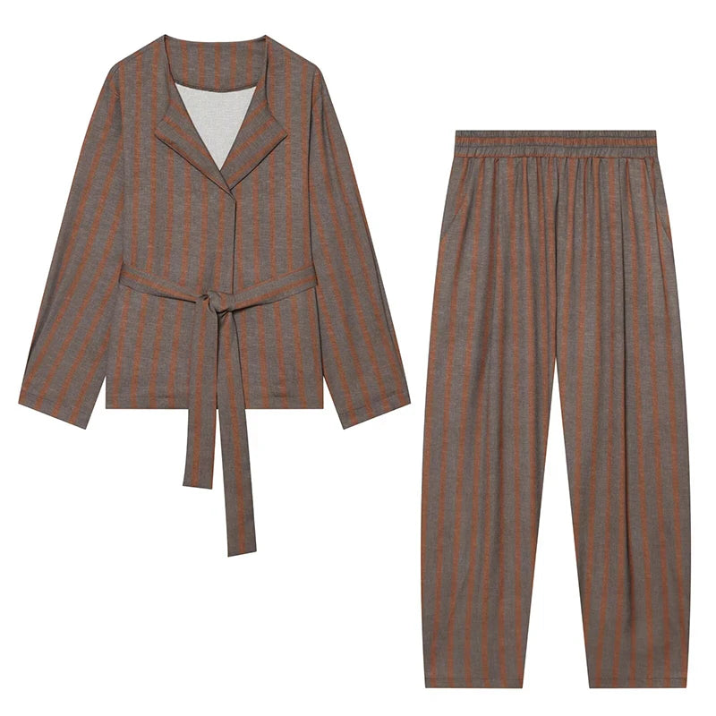 Women's Pants Sets 2 Piece Set Fashion Striped With Belt Coats Women Elastic Waist Casual Pants Two Piece Sets Women Outfits