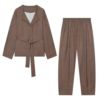 Women's Pants Sets 2 Piece Set Fashion Striped With Belt Coats Women Elastic Waist Casual Pants Two Piece Sets Women Outfits