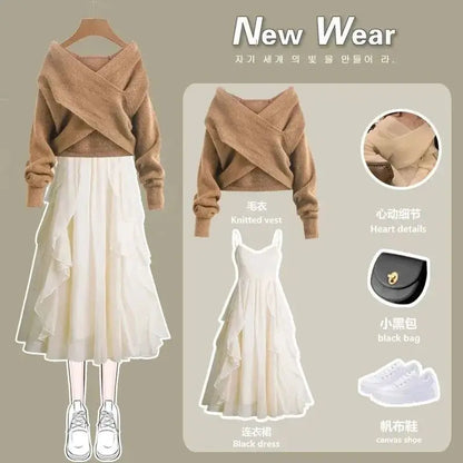 Women's Knitted Sweater Skirt Two Piece Set Women Slim Elegant Tops Female Sweater Dress Suits Lady Knitting Outfit