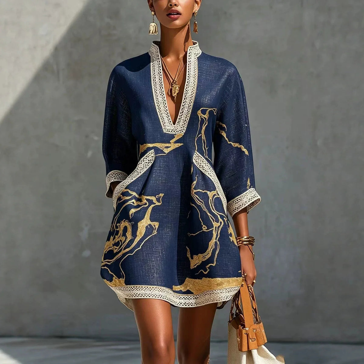 B Elegant Mini Dress for Women Fashion Lace Trim V Neck Abstract Print 3/4 Sleeve Pocket Dress Casual Commuting Vacation Dresses