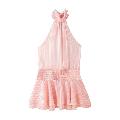 Elegant Woman's Chiffon Halter Mini Dresses 2025 Spring Summer Sexy Backless Wrapped Waist Lace Up Dress New Lady Party Vestidos