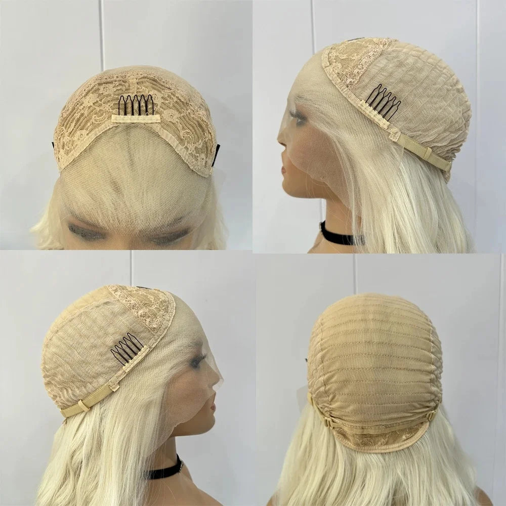 Perruques avant en dentelle 13X4 synthétiques, longues, bouclées, ondulées, bleu clair naturel, pour femmes, pré-épilées, ligne de cheveux naturelle, pour cosplay ou fête