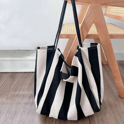 Summer Stripe Canvas Tote Bag Female Casual Large Capcity Simple Shoulder Bags Shopping Handbag Daily Totes Bag