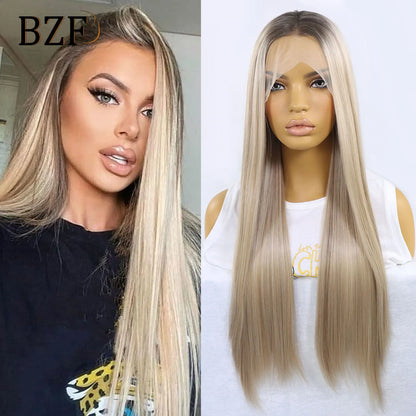 28 Inch Blonde Highlight Synthetic Lace Front Wigs Glueless Heat Resistant