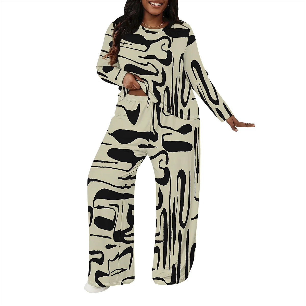 Plus size Women two-piece set with 3D geometric print casual loose round neck long sleeved two-piece set (pocket)