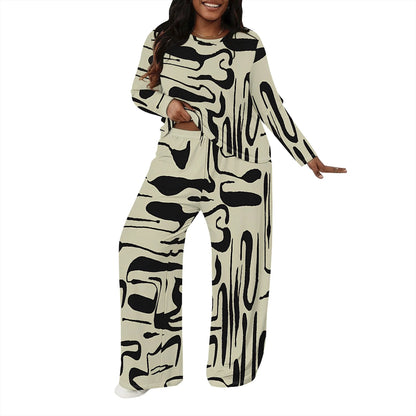 Plus size Women two-piece set with 3D geometric print casual loose round neck long sleeved two-piece set (pocket)