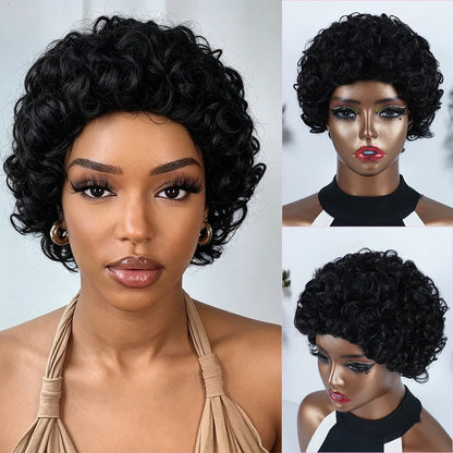 Women's Kinky Curly Human Hair Wig Glueless Full Machine Made Short Pixie Cut Wig Natural Looking Suitable For Party Casual Wear
