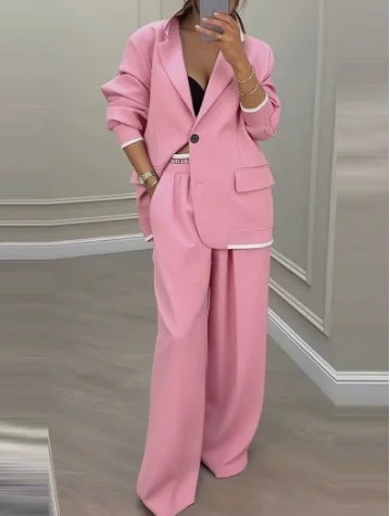 Two Piece Set Women Outfit 2025 Spring Autumn New Grey Commuting Notched Collar Long Sleeve Blazer & High Waist Pants Set