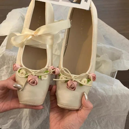 Women's Ballet Flats Ballerina Shoes 2026 Summer New Flower Mary Jane Comfortable Riband Strap Elegant Flats for Women 51441