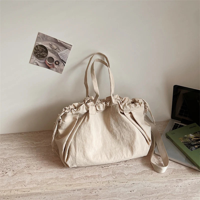 Big Drawstring Bucket Shoulder Bags For Women Nylon Fabric Lightweight Large Capacity Shopper Totes Pure Color Practical Handbag