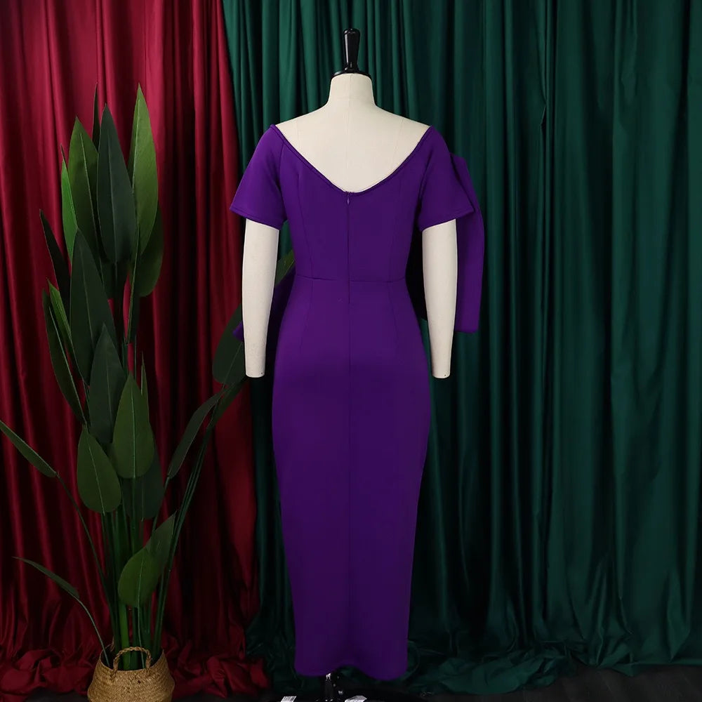 Elegant Party Dresses for Woman 2024 New V Neck Short Sleeve Big Bow Decorate Sheath Side Split Ankle Length Luxury Party Dress