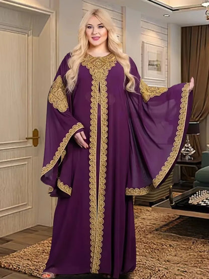 Party Dresses for Women Abaya Muslim Caftan 2 Piece Set Eid Flare Sleeves Robe Embroidered Gold Lace Dress Suit Jalabiya Ramadan