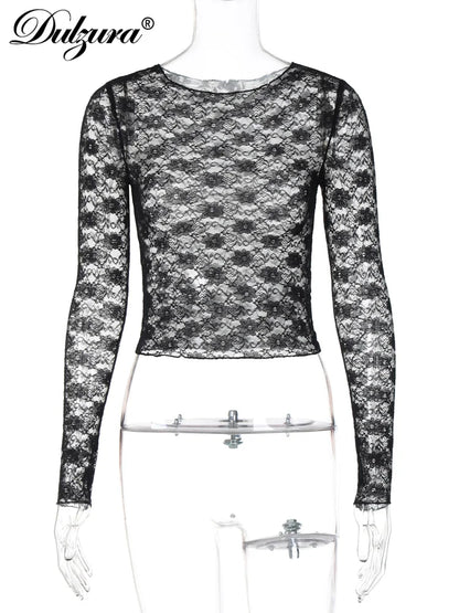 Dulzura Long Sleeves See Through Lace Crop Top Solid Sexy Bodycon T-Shirt For Women Party Club Spring Summer Clothes