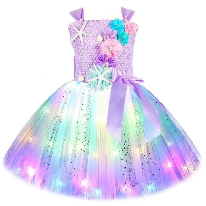 Girls' LED Flashing Mermaid Performance Clothing, Kids' Birthday Beauty Outfit, Fish-Tail Floral Mermaid Princess Tulle Dress