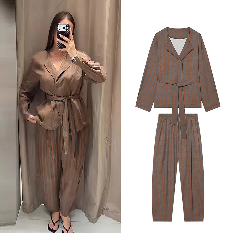 Women's Pants Sets 2 Piece Set Fashion Striped With Belt Coats Women Elastic Waist Casual Pants Two Piece Sets Women Outfits