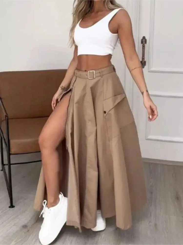 Women Fashion Solid Casual High Waist Skirt Set Summer White Tank Zipper Decoration With Belts Pockets High Slit Maxi Skirt Sets