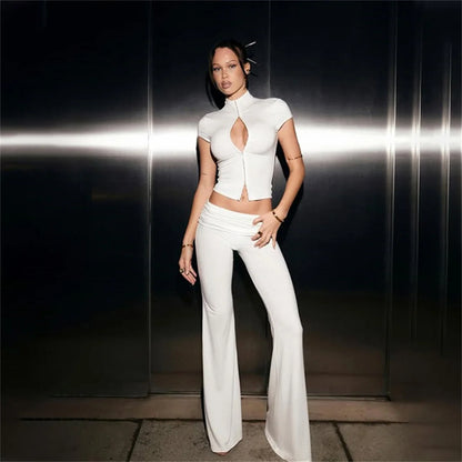 Women Fashion Sexy Long Sleeves Suit Casual Sheath Hollow Out 2 Pieces (Tops+Long Pant) Matching Sets Female Street Tracksuit