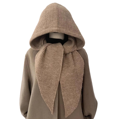 Womens Ribbed Knitted Skullies Hat with Scarf Stylish Solid Color Hooded Scarf for Winter Spring Fall