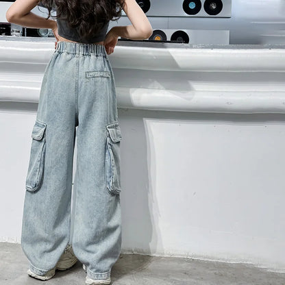 Girls Trousers Big Pocket Jeans 2025 Spring and Summer New Large Children Loose Cargo Pants Stylish Baggy Pants Simple Casual