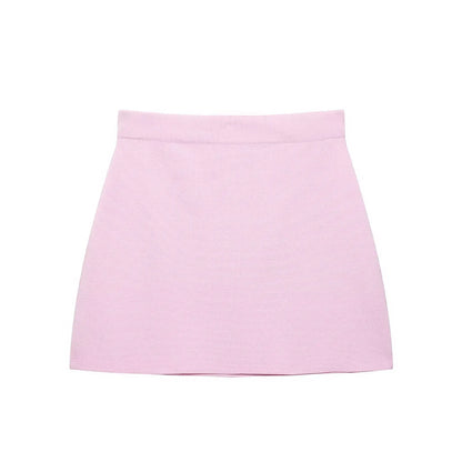 HH Women's Elegant Suit Round Collar Single-Breasted With Short Sleeve Pocket Knitted Top+Elastic Waist Mini Skirt Set